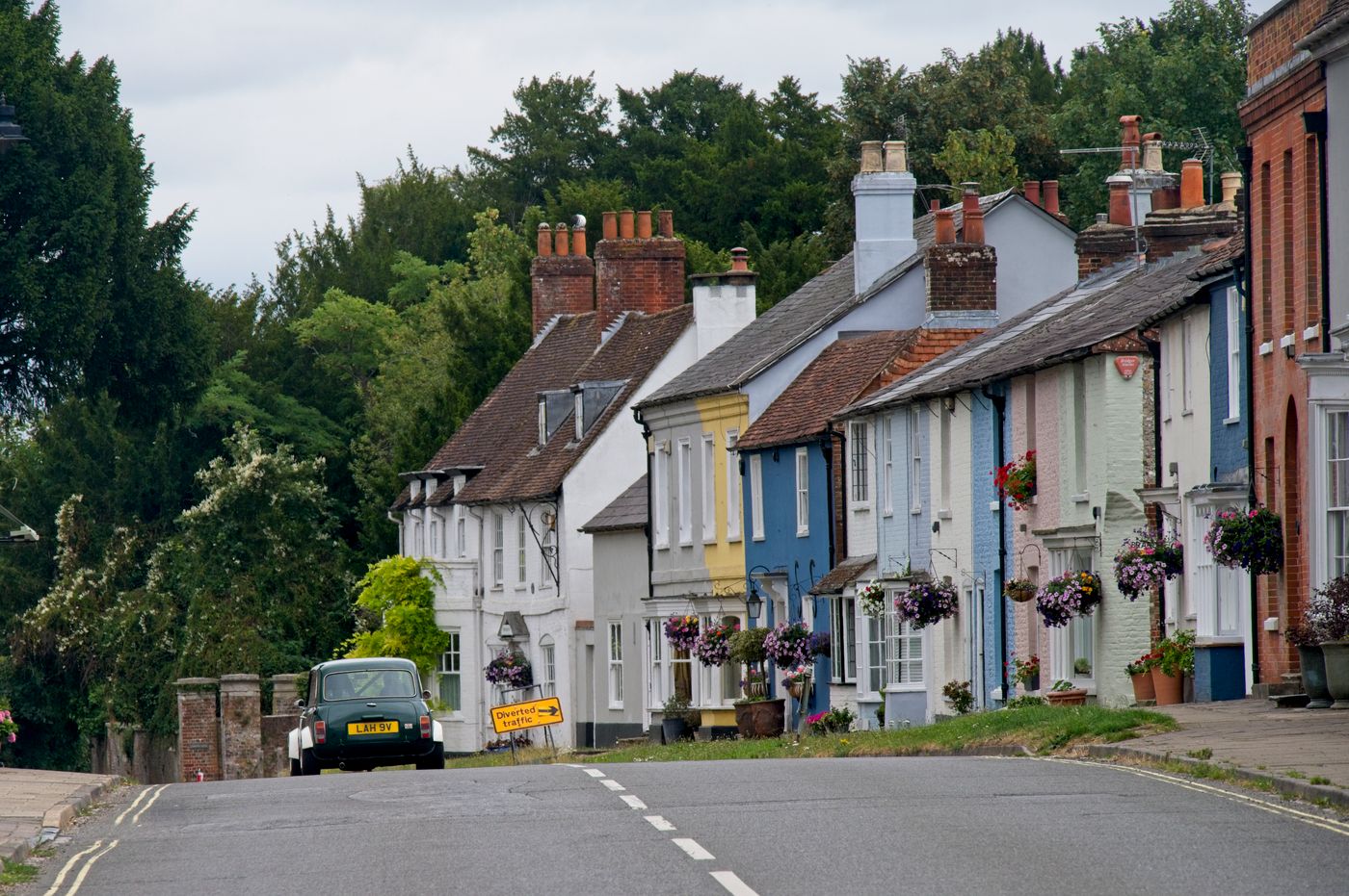 A traditional Hampshire market town street of colour-washed period cottages near Winchester